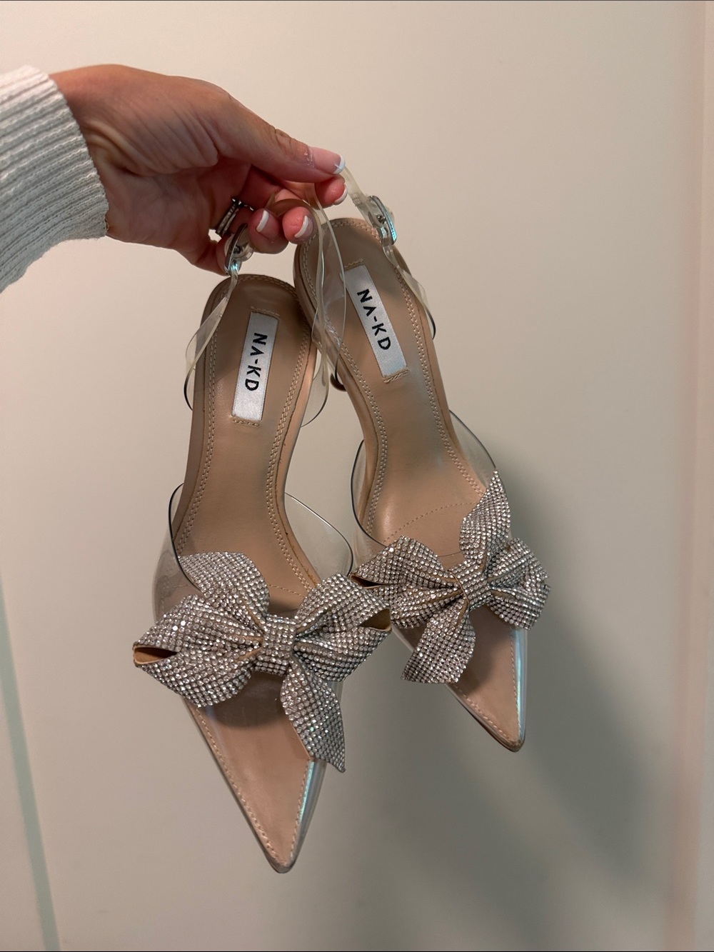 Na-kd Crystal Bow Clear Slingback Heels in Silver